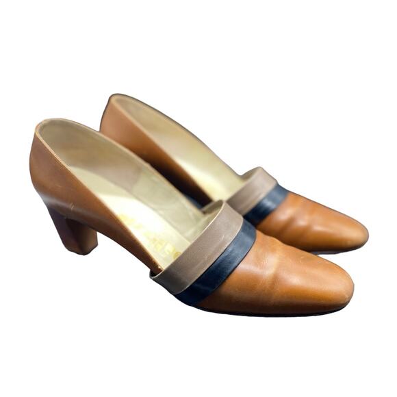 1960s Tri-Tone Leather Neutral Mod Heels Secretary Pump Baynhams Palizzio - Picture 1 of 10